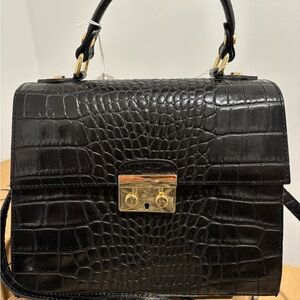 Chic Black Crocodile-Embossed Satchel